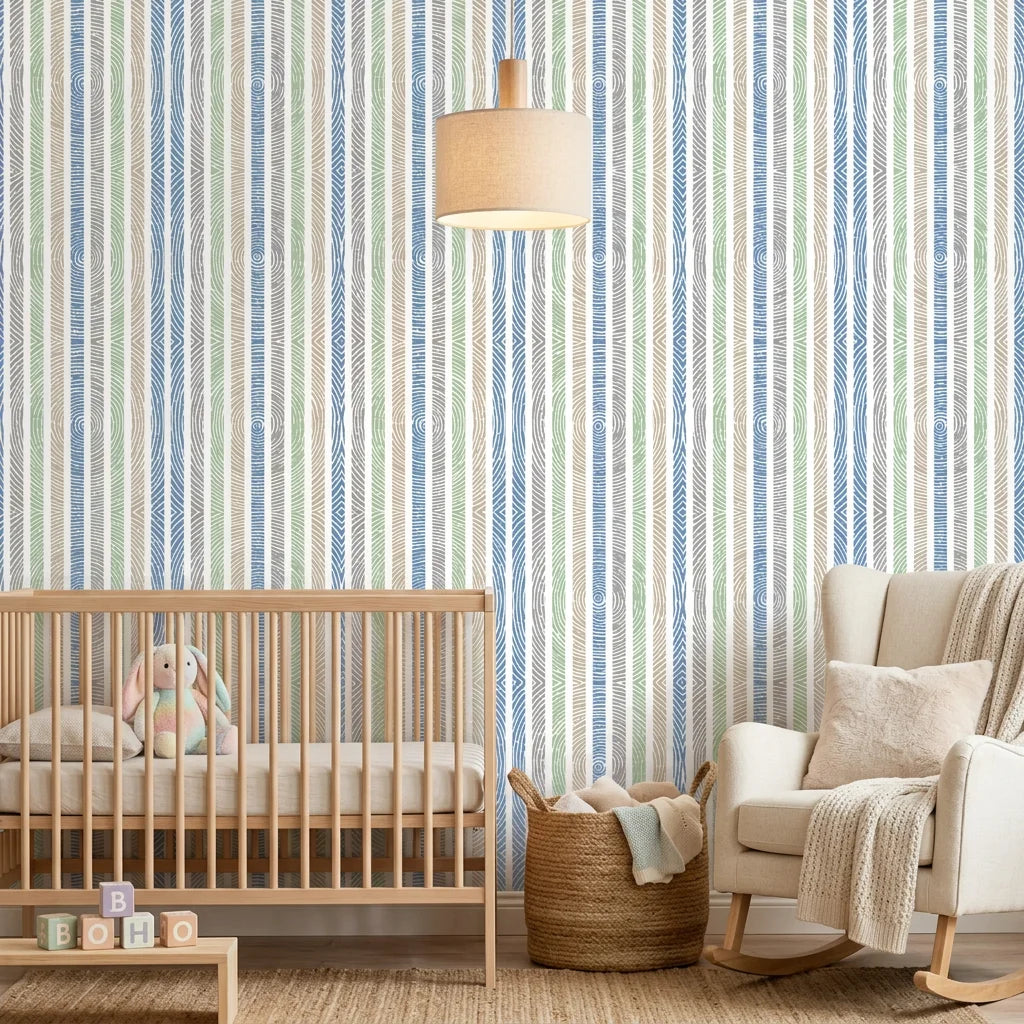 Smooth colorful wood grain ring stripe peel and stick wallpaper - Woodland Cross as a feature wall in an office