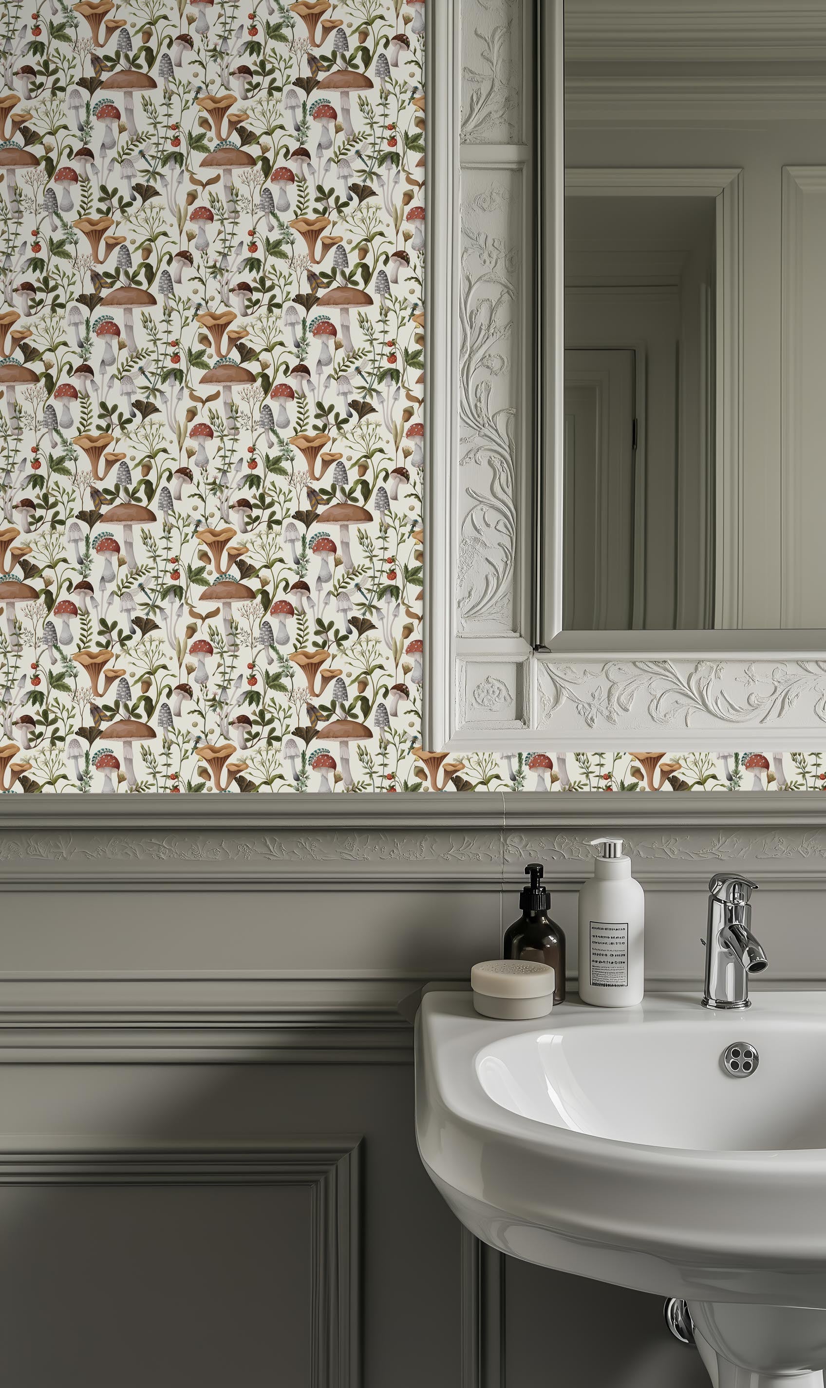 Woodland Forager wallpaper close up showing woodland botanicals and organic texture in neutral tones