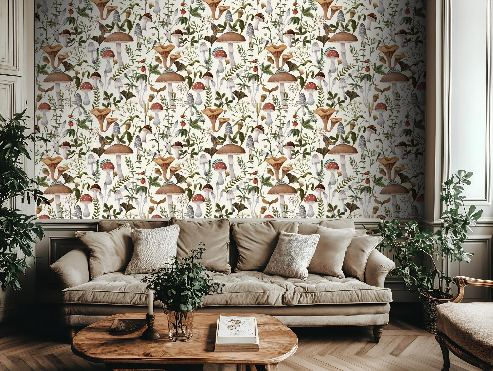 Woodland Forager botanical wallpaper pattern detail with vintage forest inspired leaves for accent walls