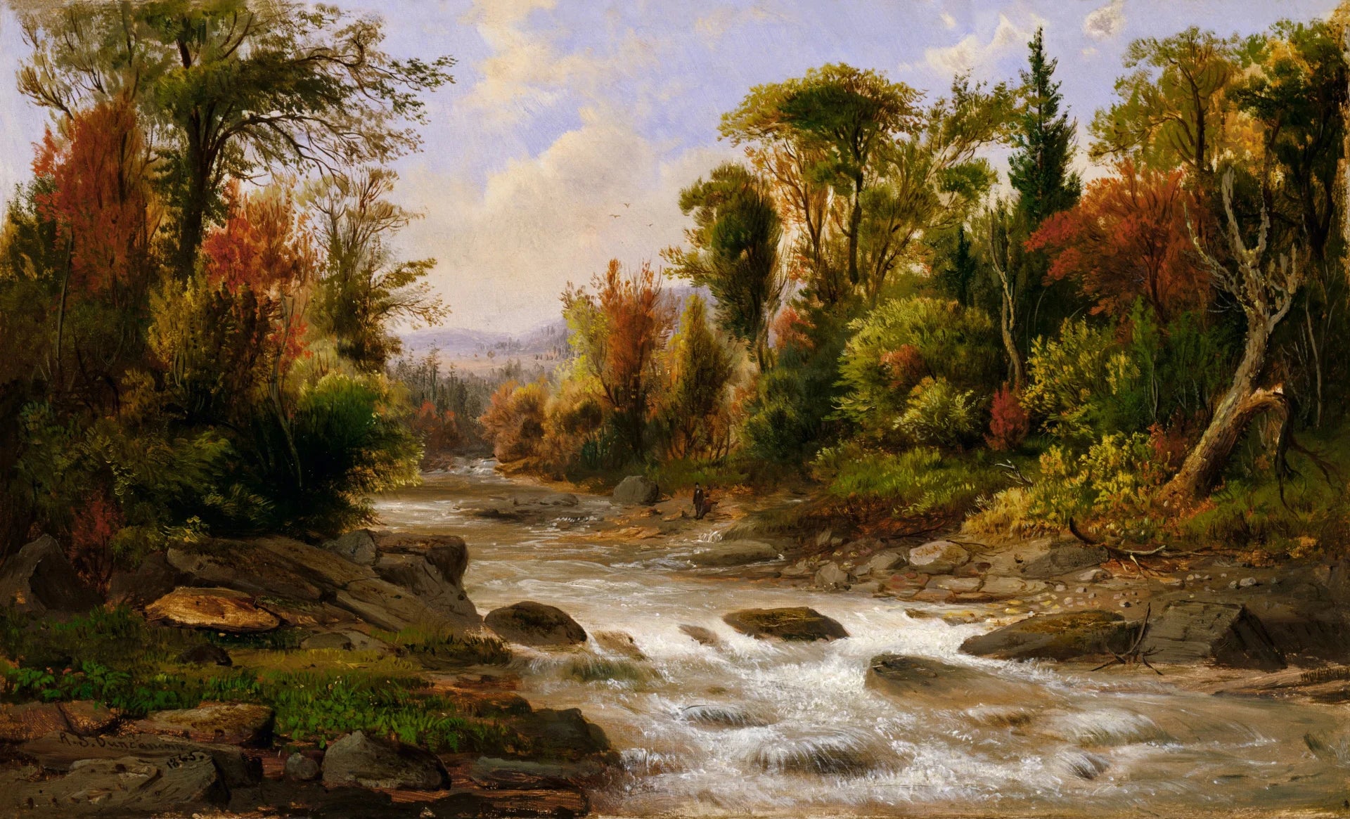 Impressionist Woodland Haven wallpaper depicting autumn forest stream with golden foliage and flowing water