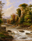 Impressionist Woodland Haven wallpaper depicting autumn forest stream with golden foliage and flowing water
