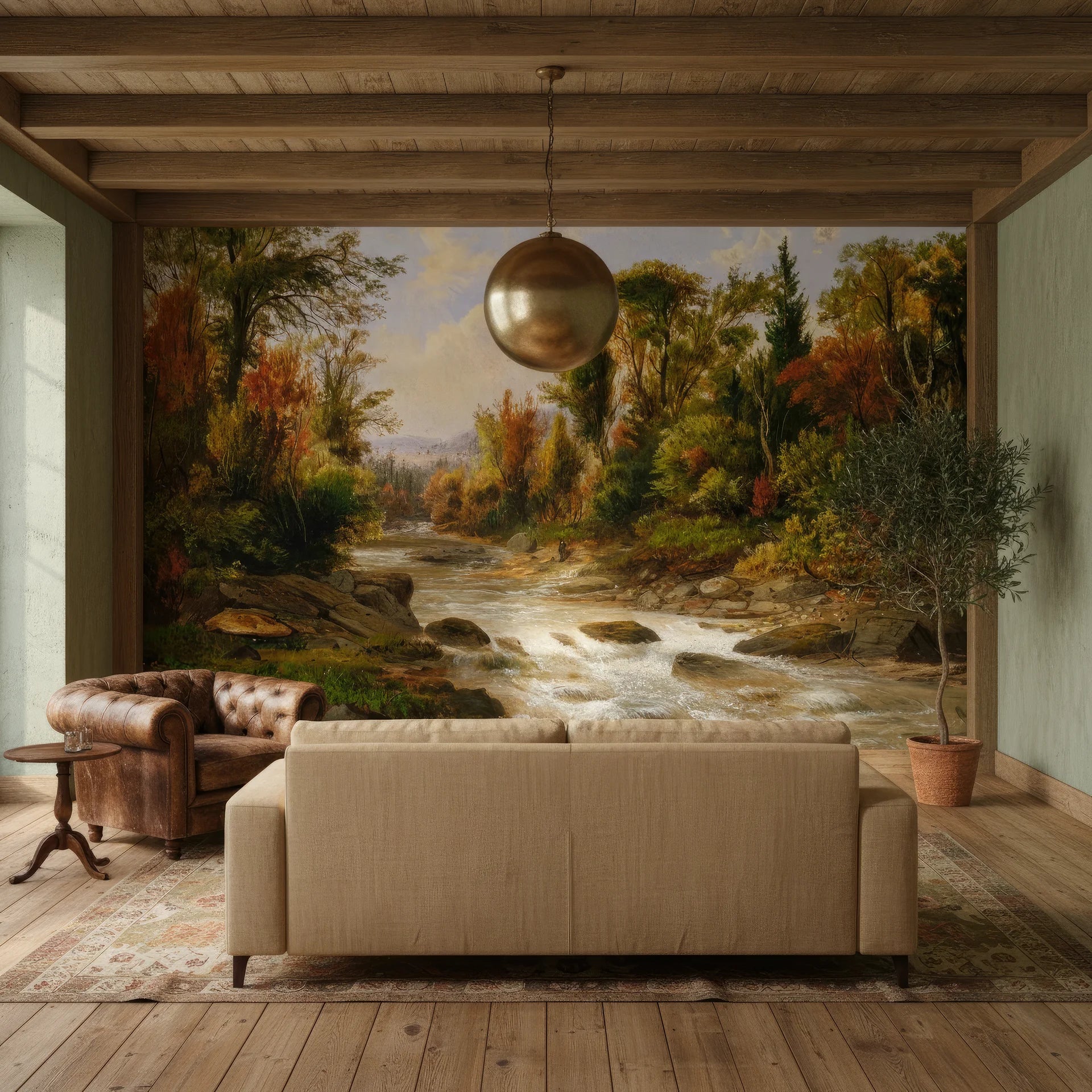 Woodland Haven mural wallpaper depicting autumn forest stream in rustic living room with wooden beams