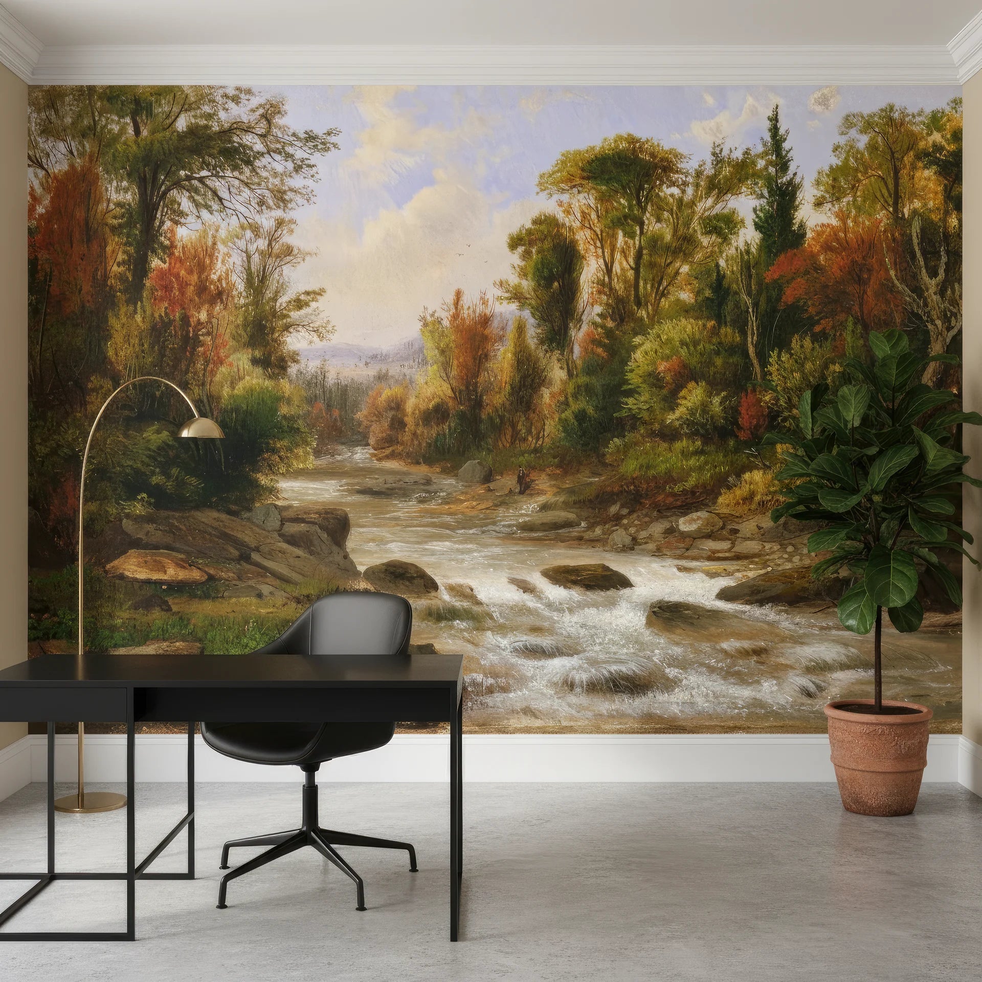 Woodland Haven mural wallpaper featuring autumn forest landscape with flowing stream in modern home office