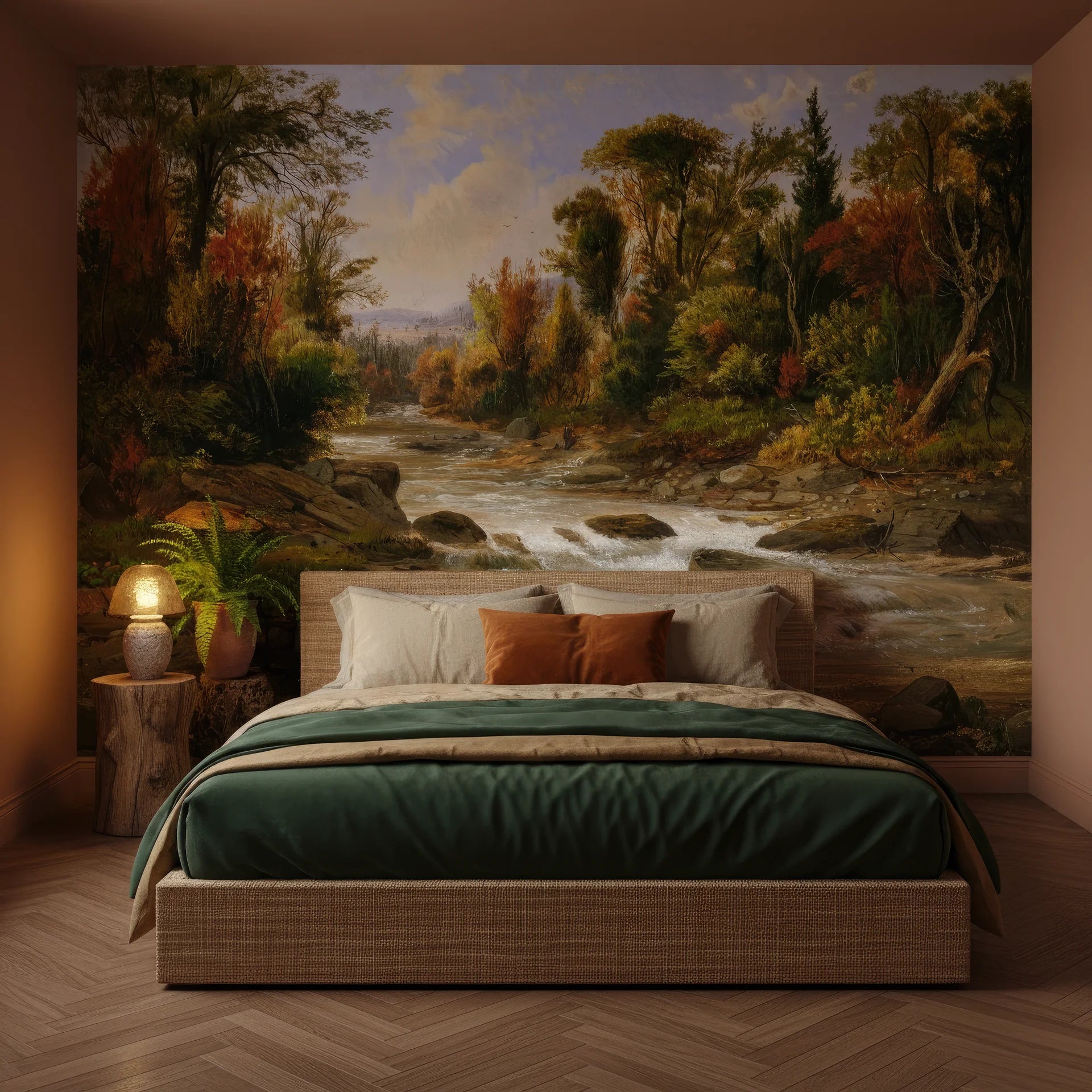 Woodland Haven landscape mural wallpaper with autumn forest and stream on bedroom accent wall