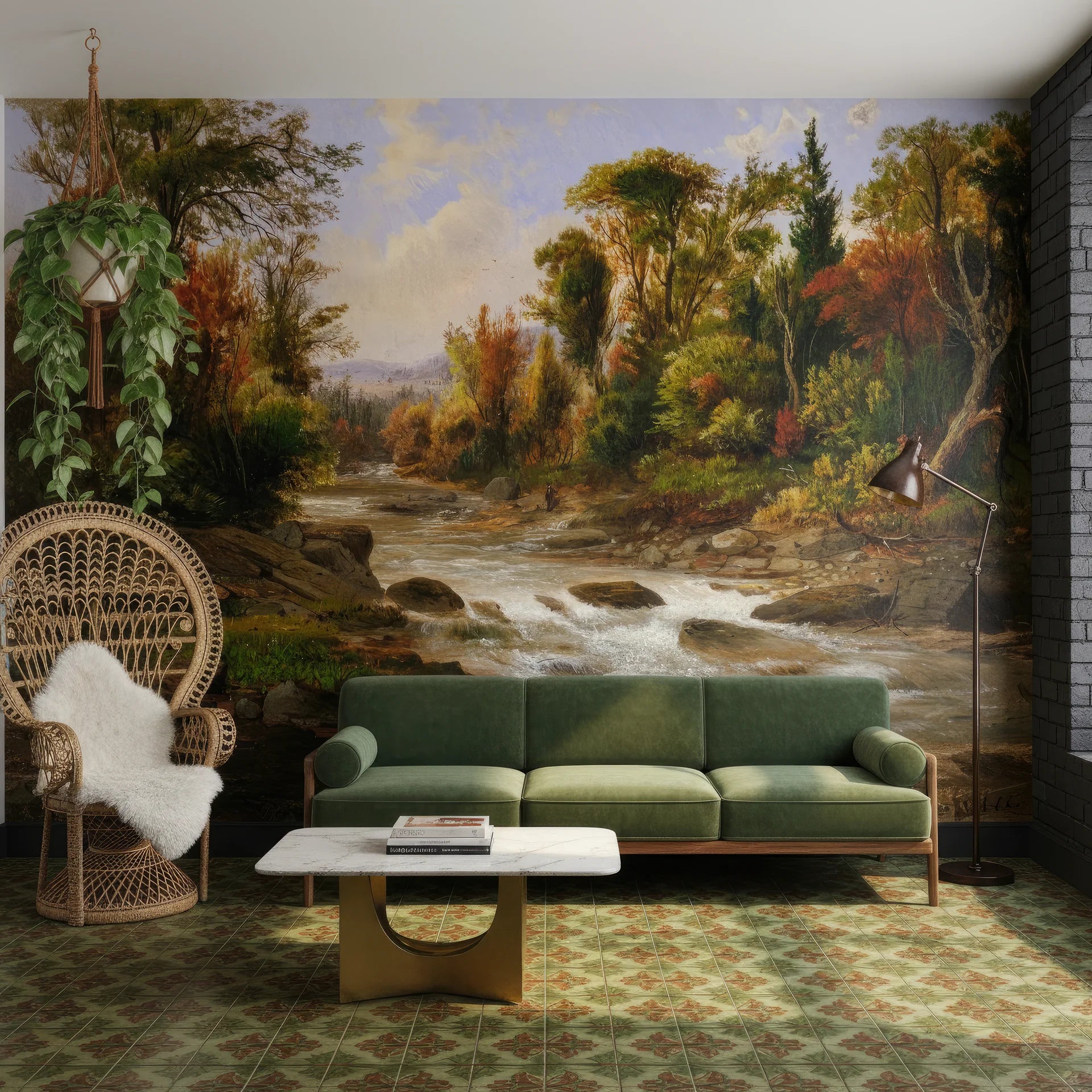 Autumn forest stream Woodland Haven wallpaper mural in earth tones behind green velvet sofa
