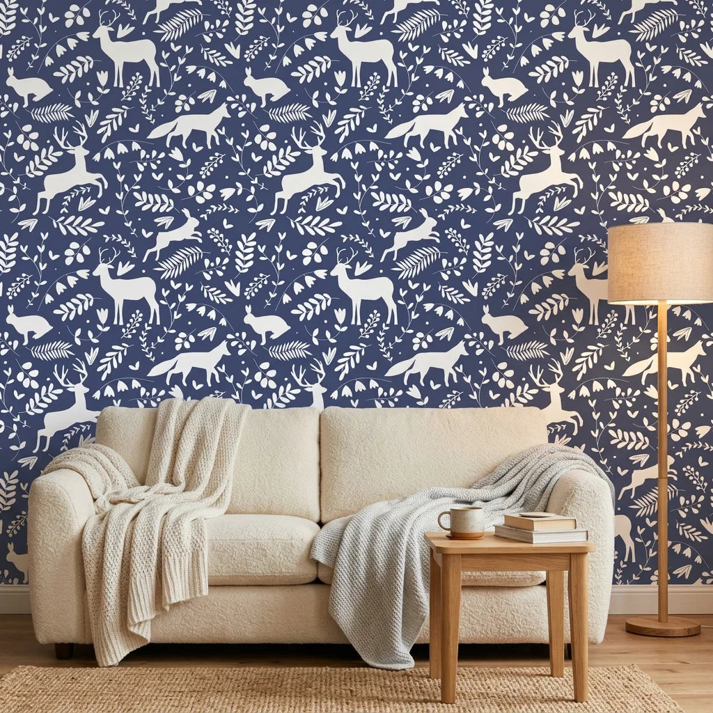 Woodland Hush serene navy woodland wallpaper in a warm and inviting living room