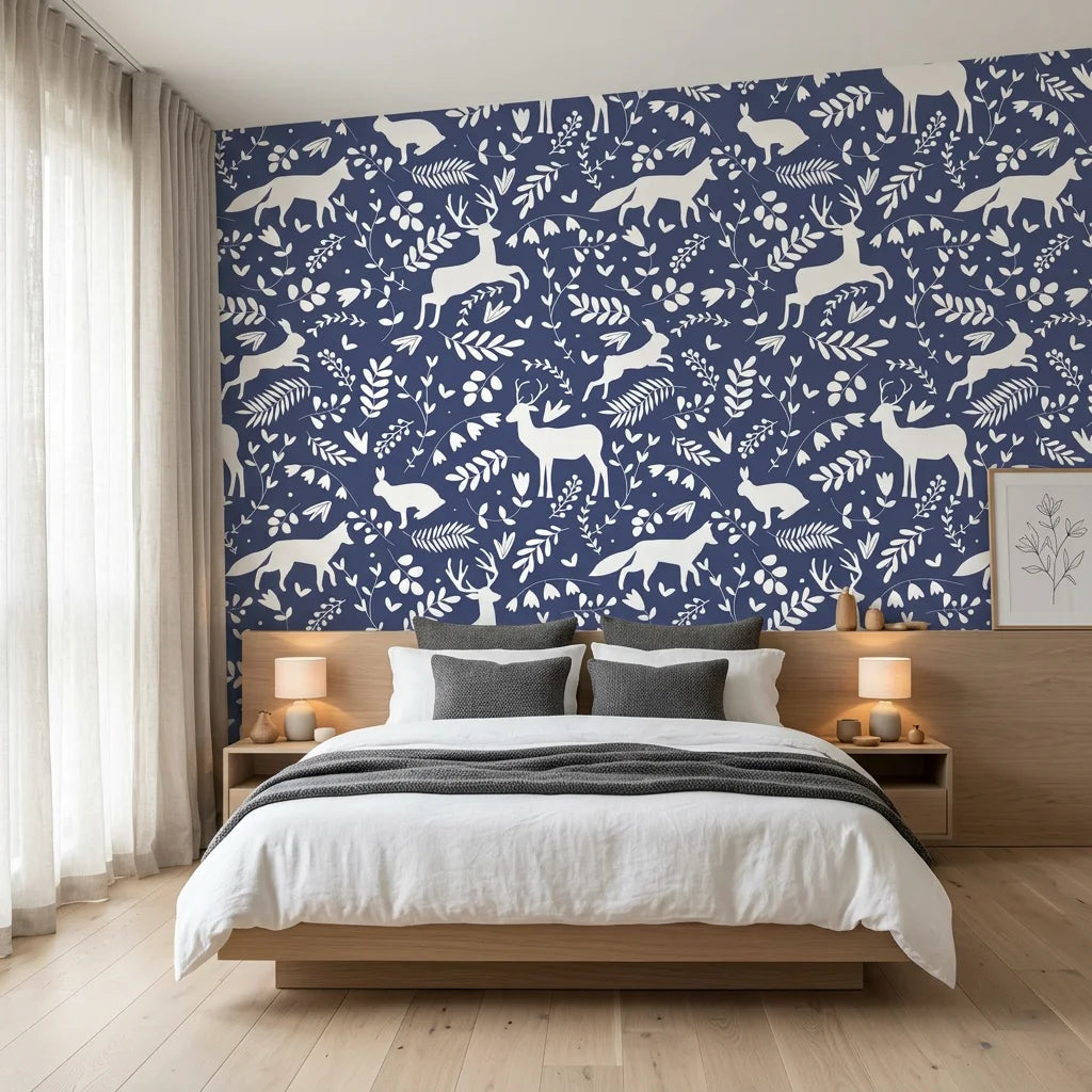 Woodland Hush serene navy woodland wallpaper adding character to a cozy bedroom