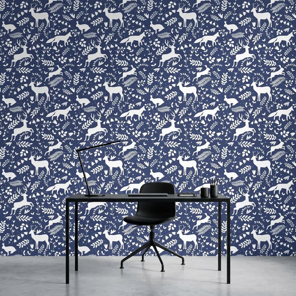 Woodland Hush serene navy woodland wallpaper as a feature wall in a bright home office