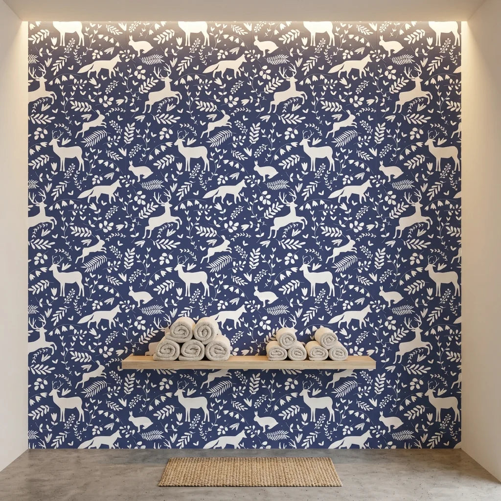 Woodland Hush serene navy woodland wallpaper creating ambiance in a serene bathroom