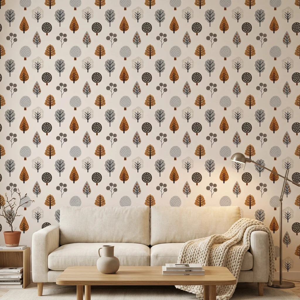 Woodland Lore whimsical autumn forest tree wallpaper in a warm and inviting living room