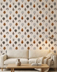 Woodland Lore whimsical autumn forest tree wallpaper in a warm and inviting living room