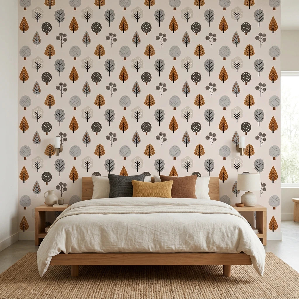 Woodland Lore whimsical autumn forest tree wallpaper adding character to a cozy bedroom