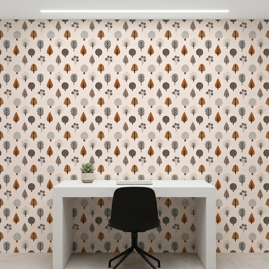 Woodland Lore whimsical autumn forest tree wallpaper as a feature wall in a bright home office