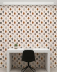 Woodland Lore whimsical autumn forest tree wallpaper as a feature wall in a bright home office