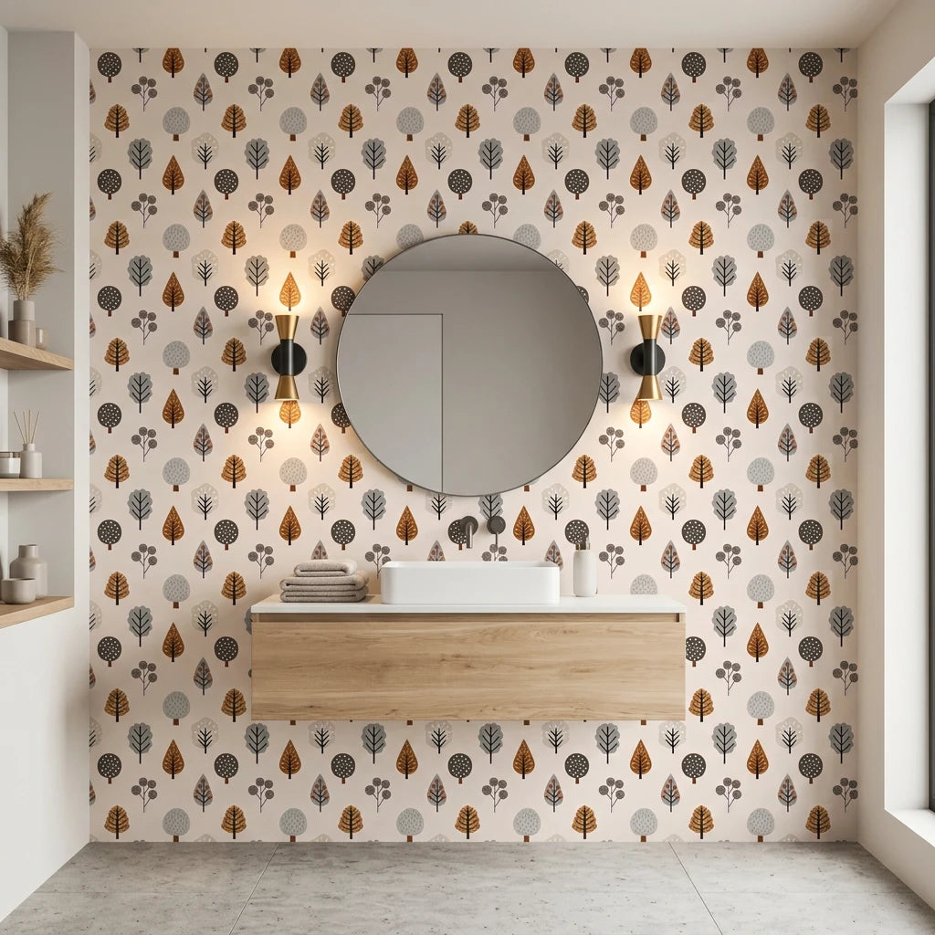 Woodland Lore whimsical autumn forest tree wallpaper creating ambiance in a serene bathroom