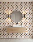 Woodland Lore whimsical autumn forest tree wallpaper creating ambiance in a serene bathroom