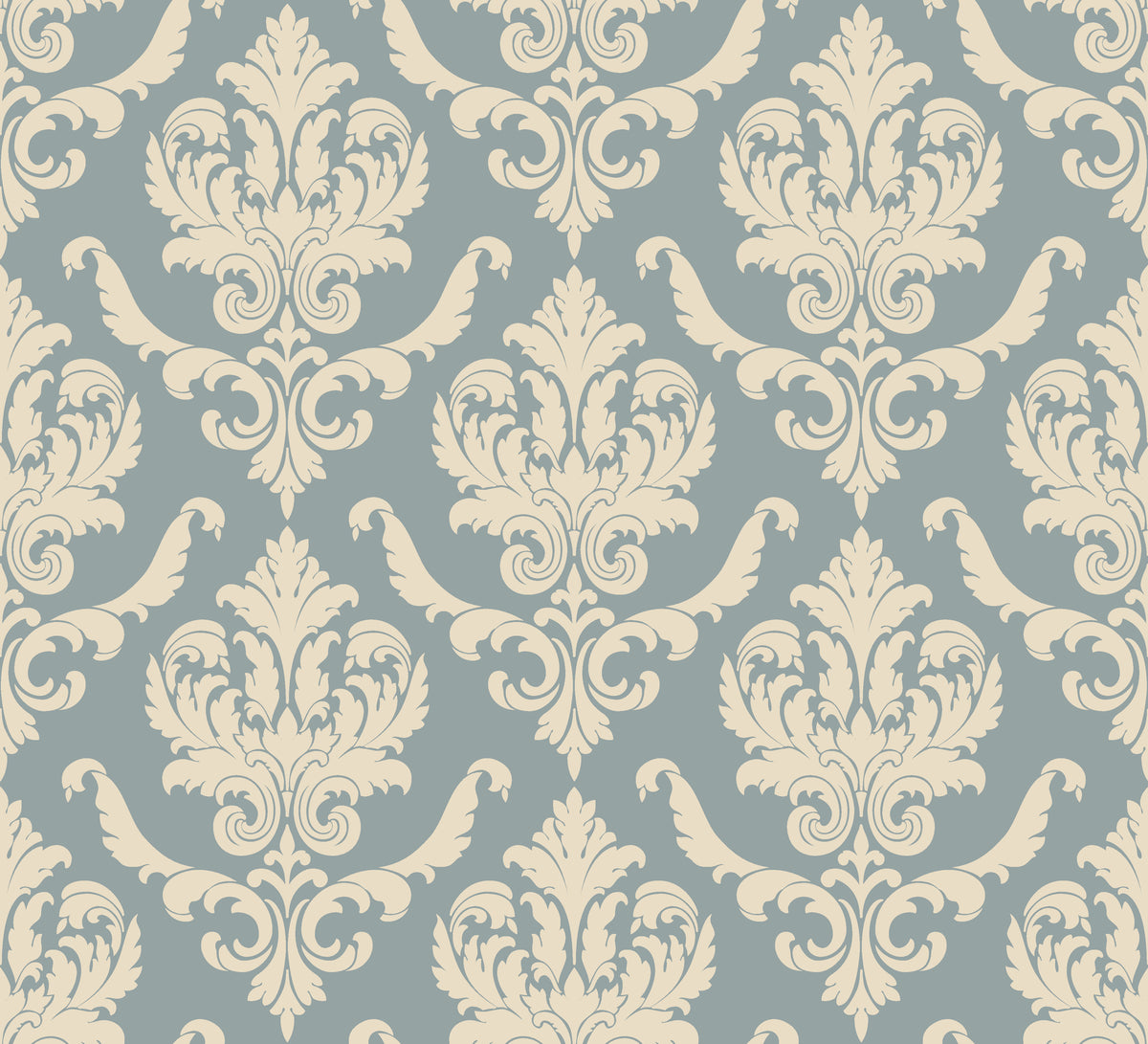 Elegant cream damask scrollwork on sage blue Woodland Blossom Veil peel and stick wallpaper