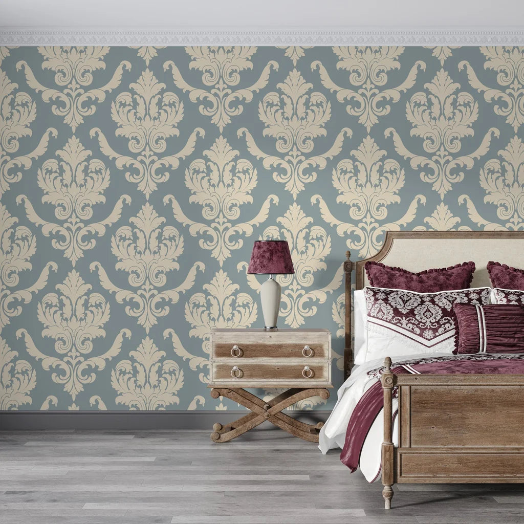 Sage green and cream damask Woodland Blossom Veil wallpaper on elegant bedroom accent wall