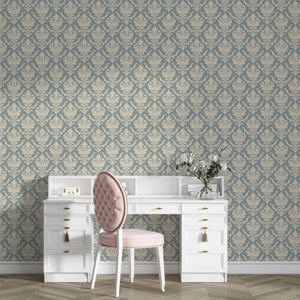Slate blue and cream damask Woodland Blossom Veil wallpaper in elegant home office with white vanity desk