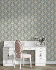 Slate blue and cream damask Woodland Blossom Veil wallpaper in elegant home office with white vanity desk