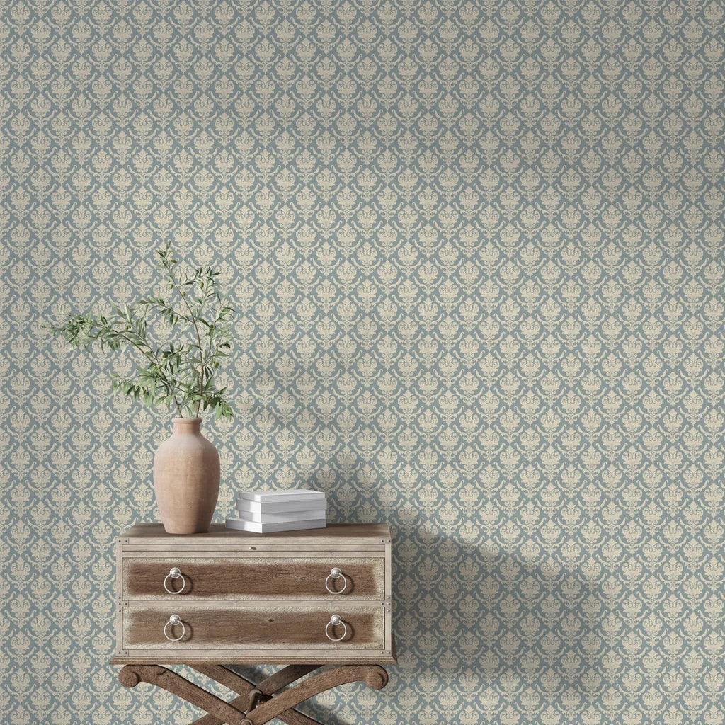 Blue and beige Woodland Blossom Veil damask wallpaper styled with vintage furniture in bright farmhouse interior