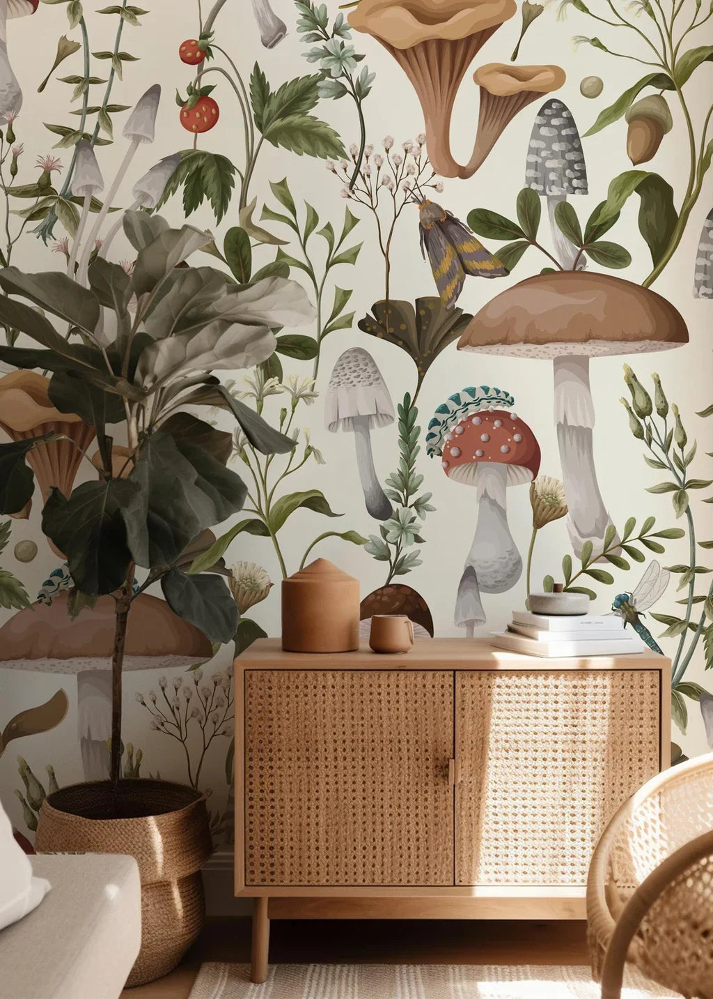 Bespoke mural featuring an unbroken forest floor botanical print, titled Woodland Forager, for application in any interior space