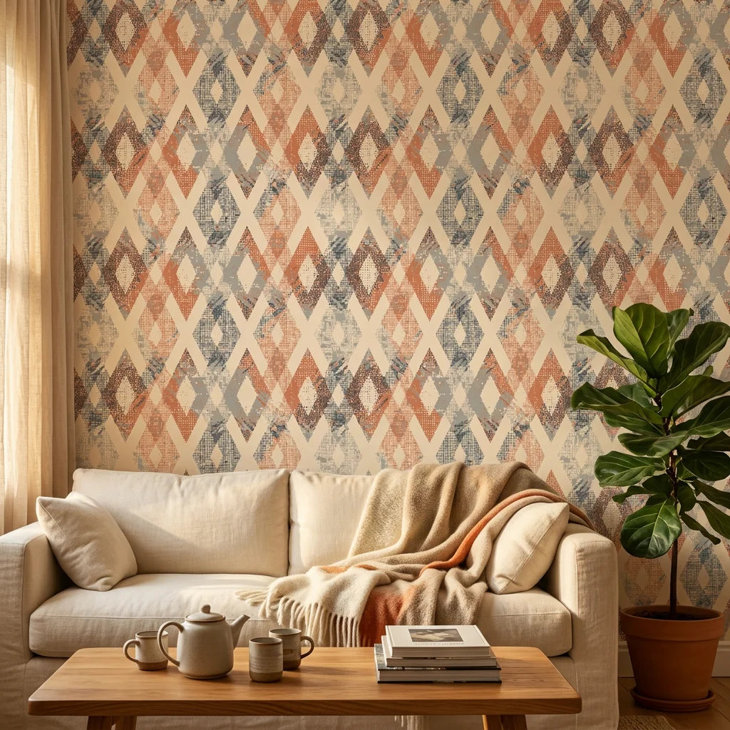 Textured distressed kilim diamond terracotta peel and stick wallpaper - Worn Atlas