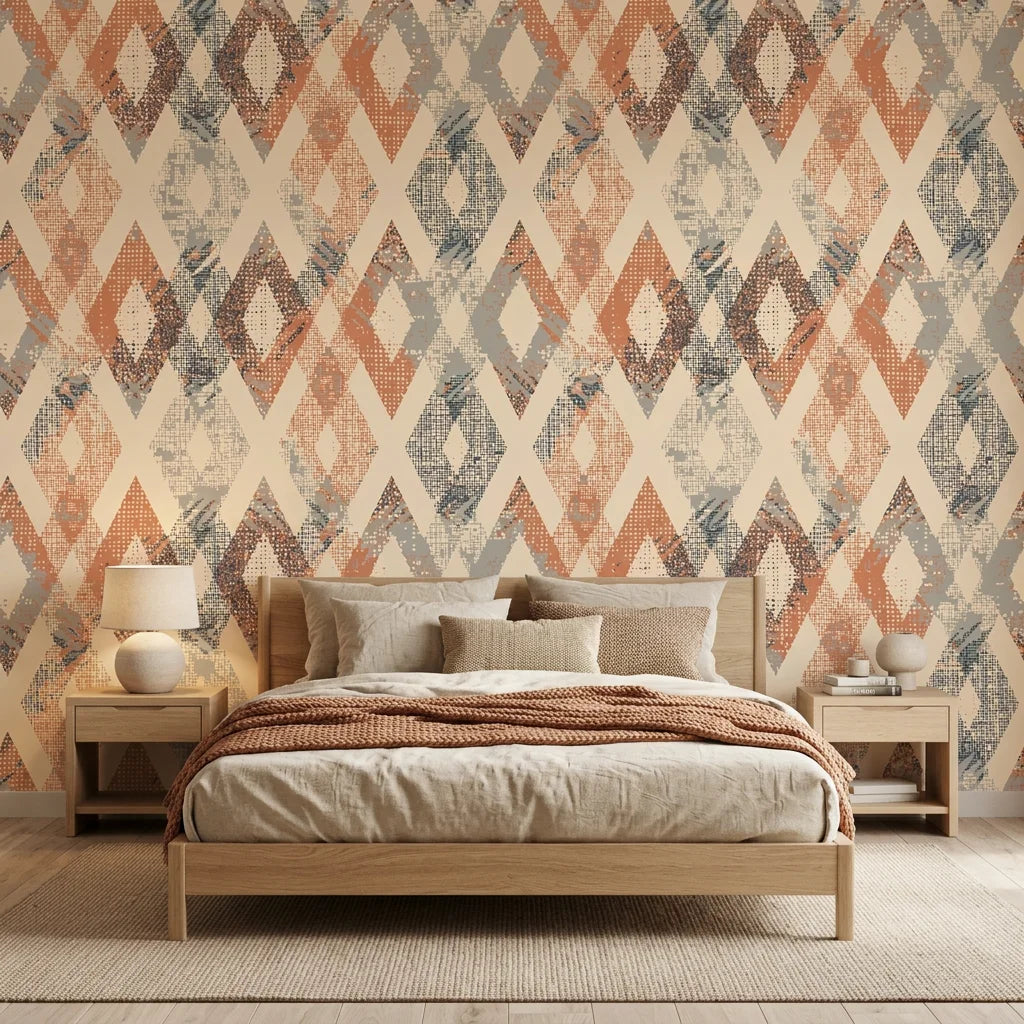 Textured distressed kilim diamond terracotta peel and stick wallpaper - Worn Atlas in a warm living room
