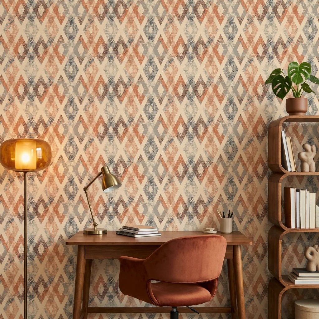 Textured distressed kilim diamond terracotta peel and stick wallpaper - Worn Atlas adding character to a bedroom