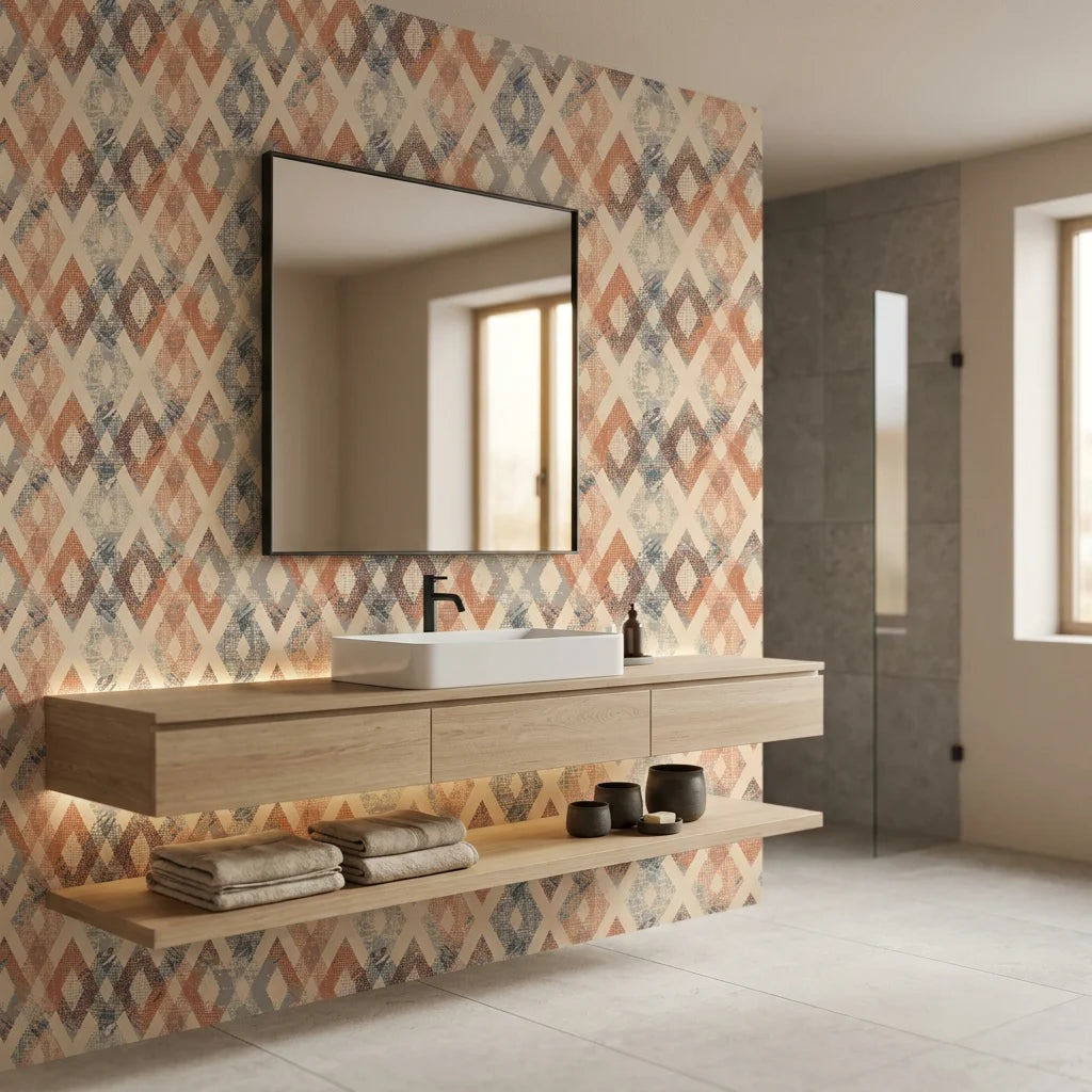 Textured distressed kilim diamond terracotta peel and stick wallpaper - Worn Atlas as a feature wall in an office