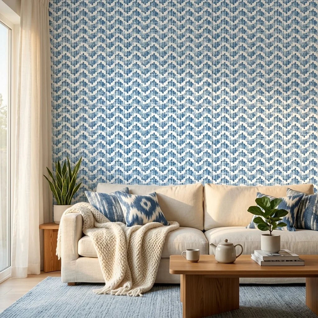 Worn Chevron blue geometric peel and stick wallpaper in a warm and inviting living room