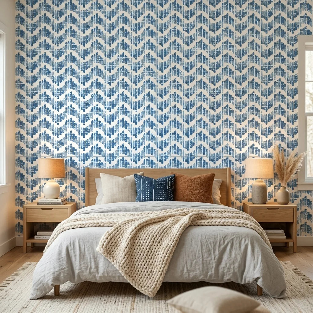 Worn Chevron blue geometric peel and stick wallpaper adding character to a cozy bedroom