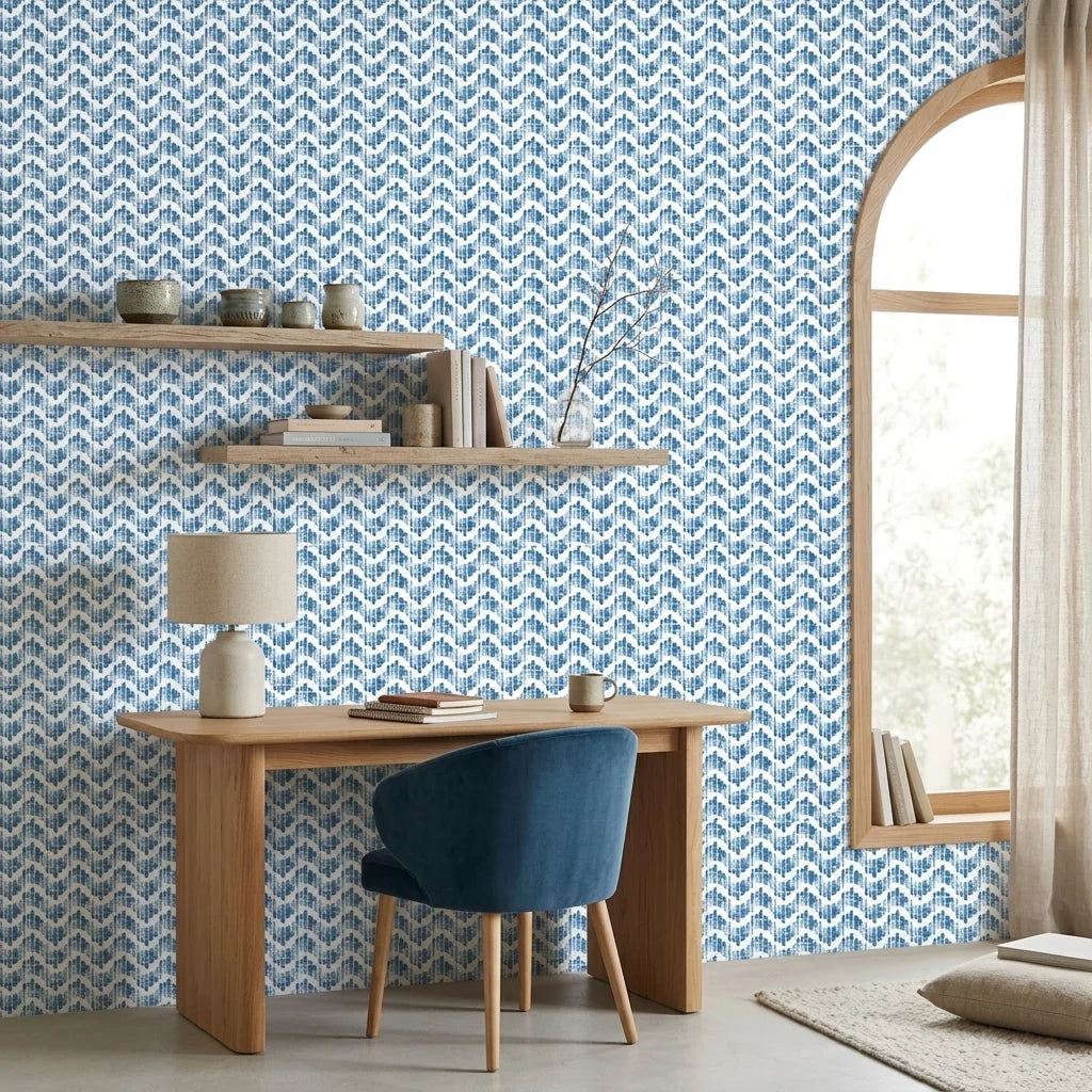Worn Chevron blue geometric peel and stick wallpaper as a feature wall in a bright home office