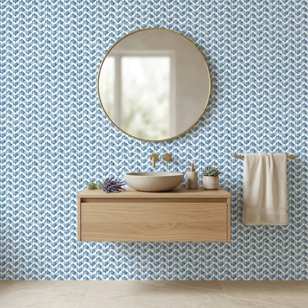 Worn Chevron blue geometric peel and stick wallpaper creating ambiance in a serene bathroom