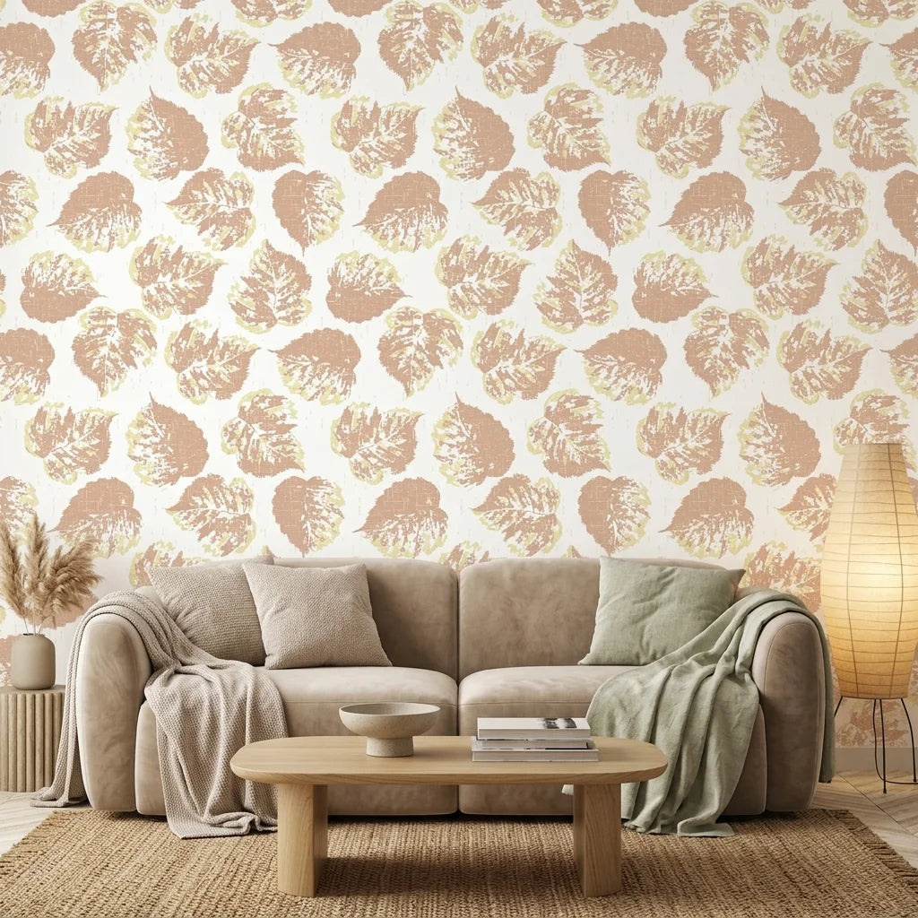 Worn Linen neutral botanical peel and stick wallpaper in a warm and inviting living room