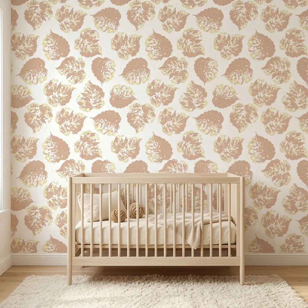 Worn Linen neutral botanical peel and stick wallpaper bringing warmth to a peaceful nursery