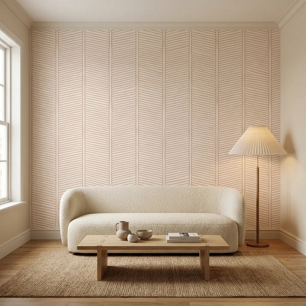 Woven Blush blush herringbone line wallpaper in a warm and inviting living room