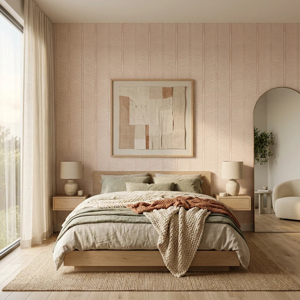 Woven Blush blush herringbone line wallpaper adding character to a cozy bedroom