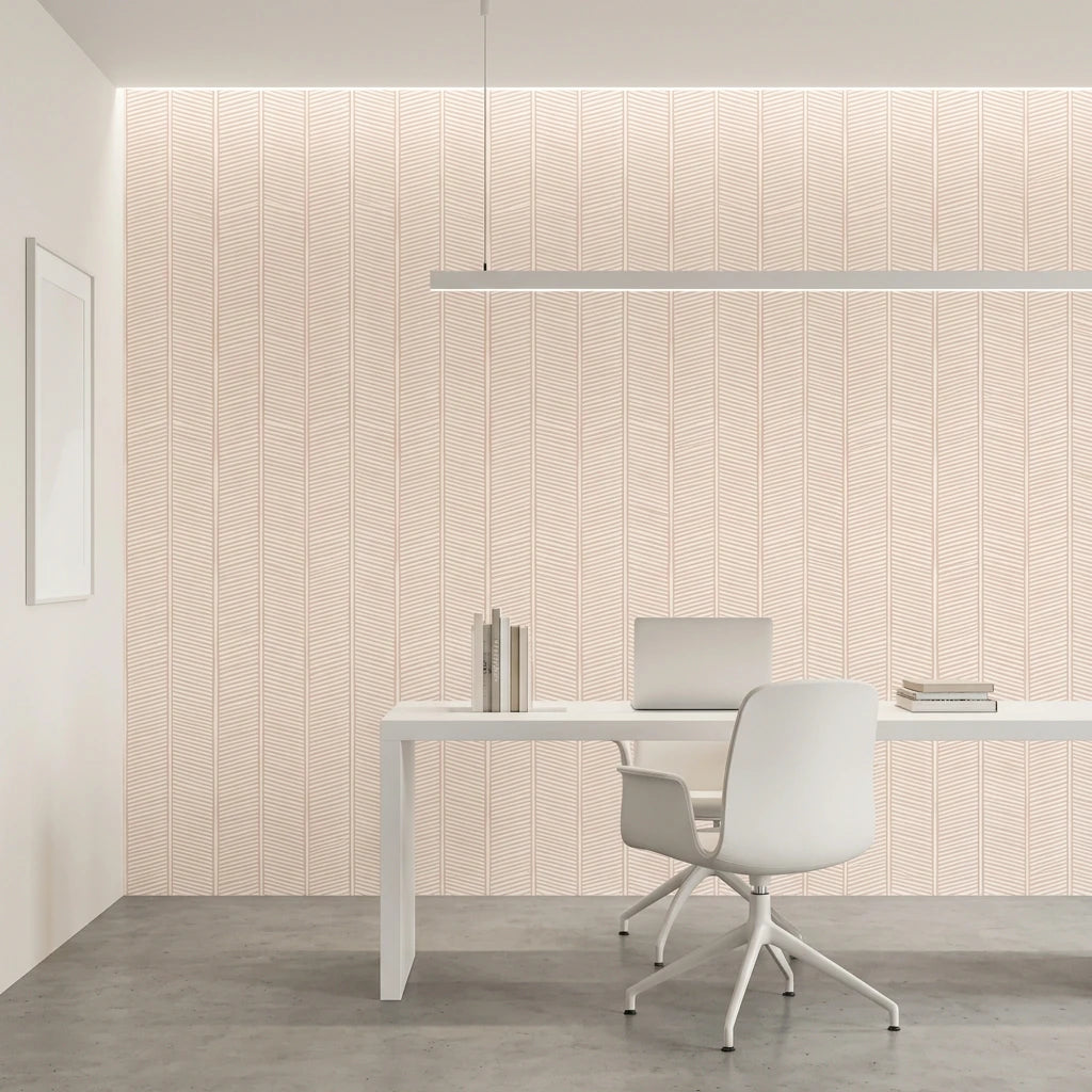 Woven Blush blush herringbone line wallpaper as a feature wall in a bright home office