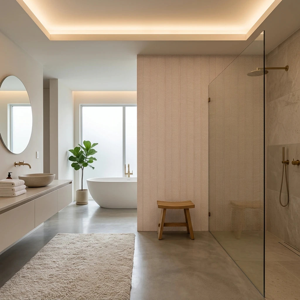 Woven Blush blush herringbone line wallpaper creating ambiance in a serene bathroom