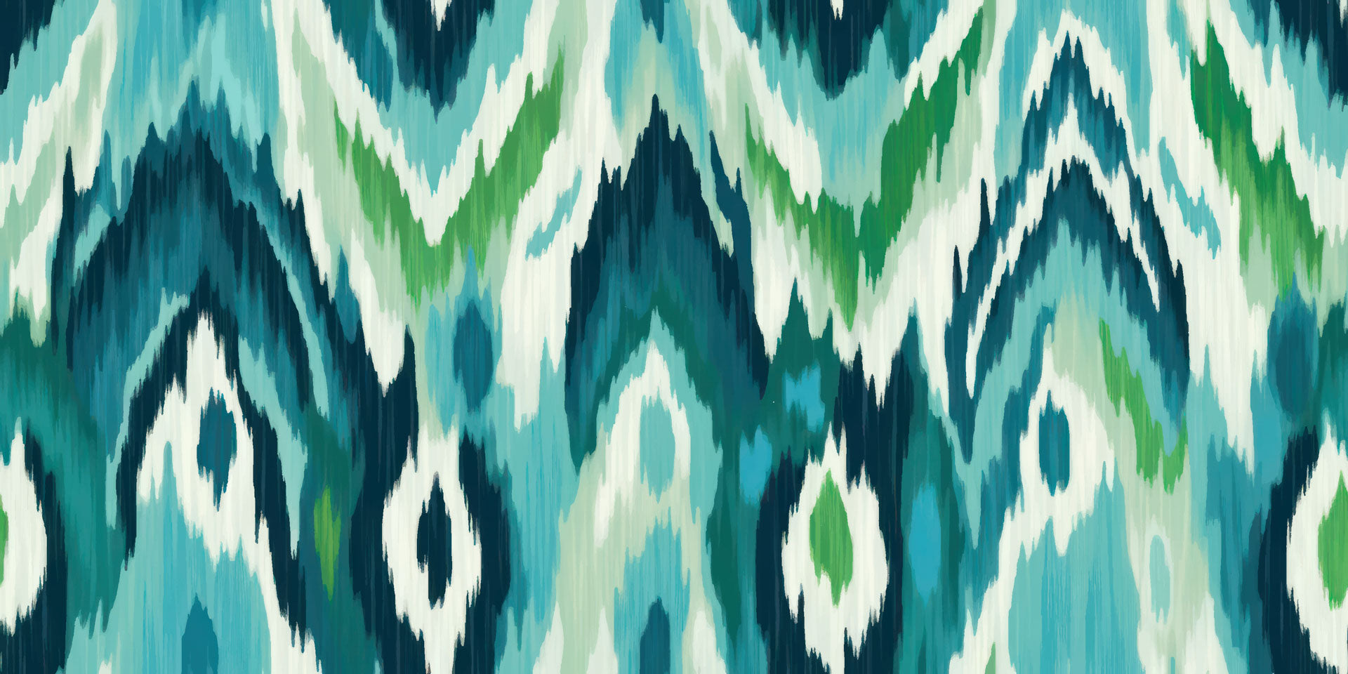 Self-adhesive wall covering featuring an abstract blue and green Ikat wave pattern (Woven Depths)