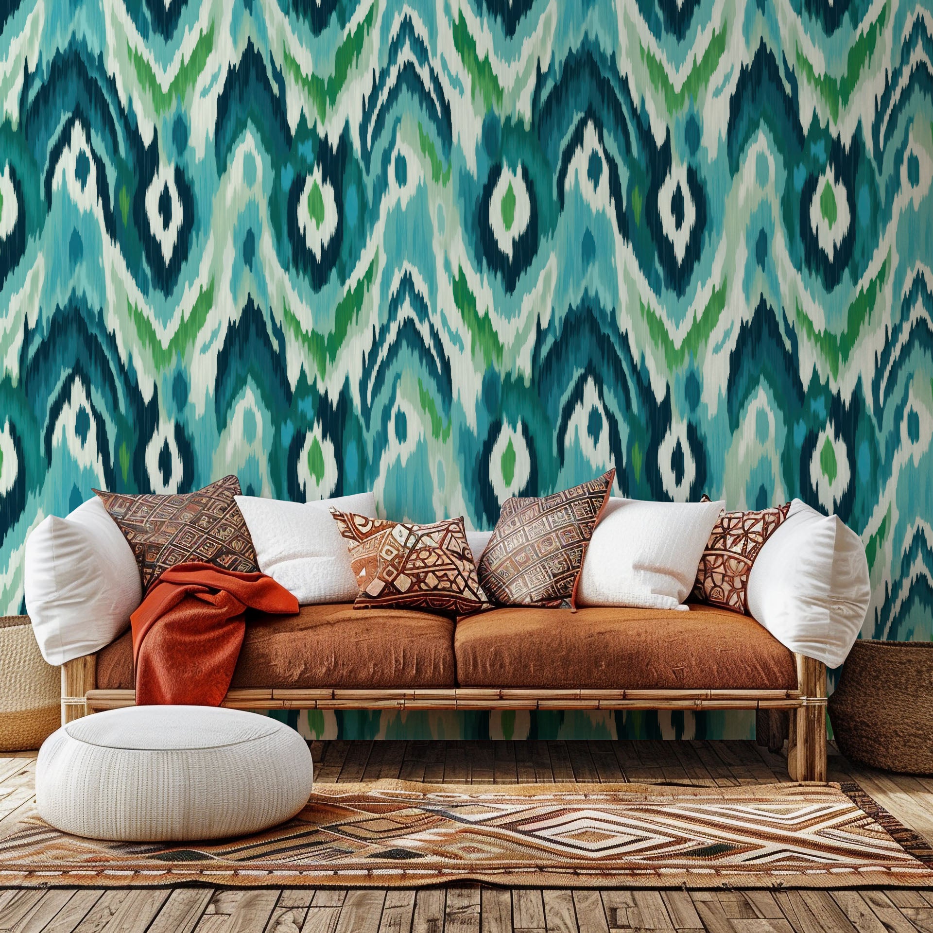 Abstract blue and green Ikat wave self-adhesive wall covering labeled "Woven Depths"