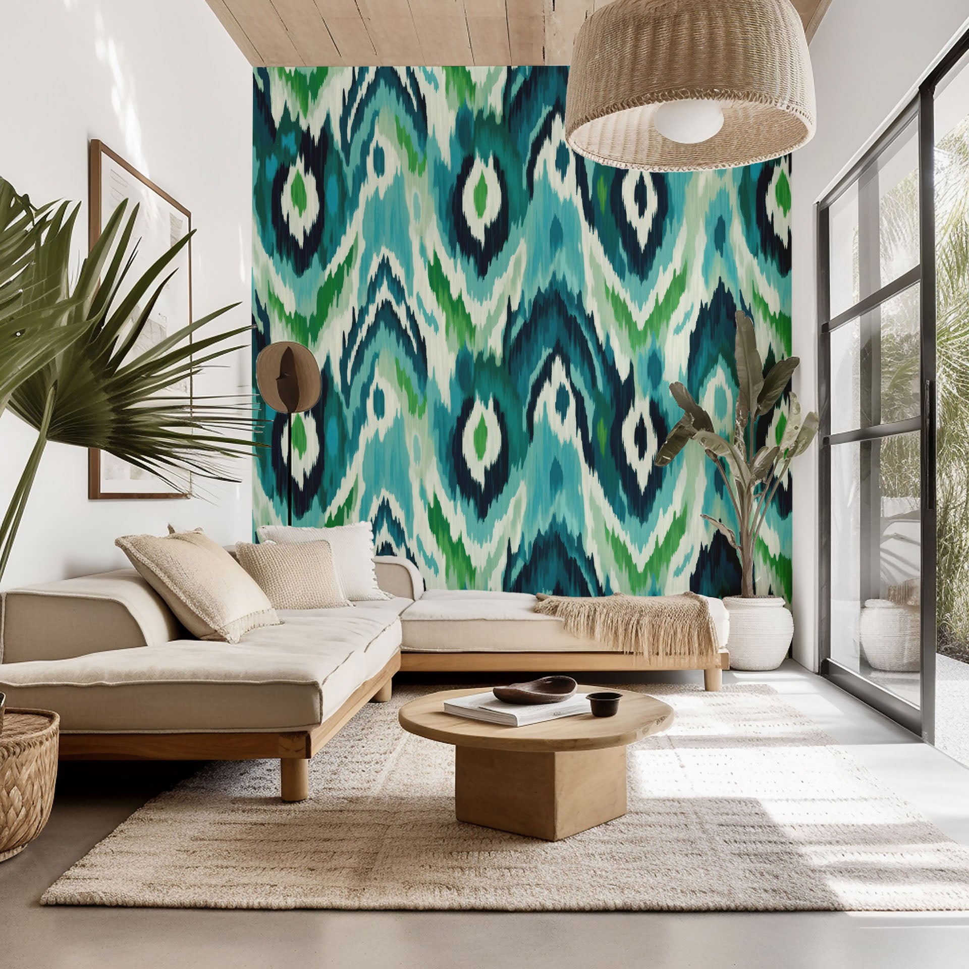Self-adhesive wallpaper featuring an abstract blue and green Ikat wave design