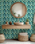 Self-adhesive blue and green abstract Ikat wave wall covering, pattern named Woven Depths