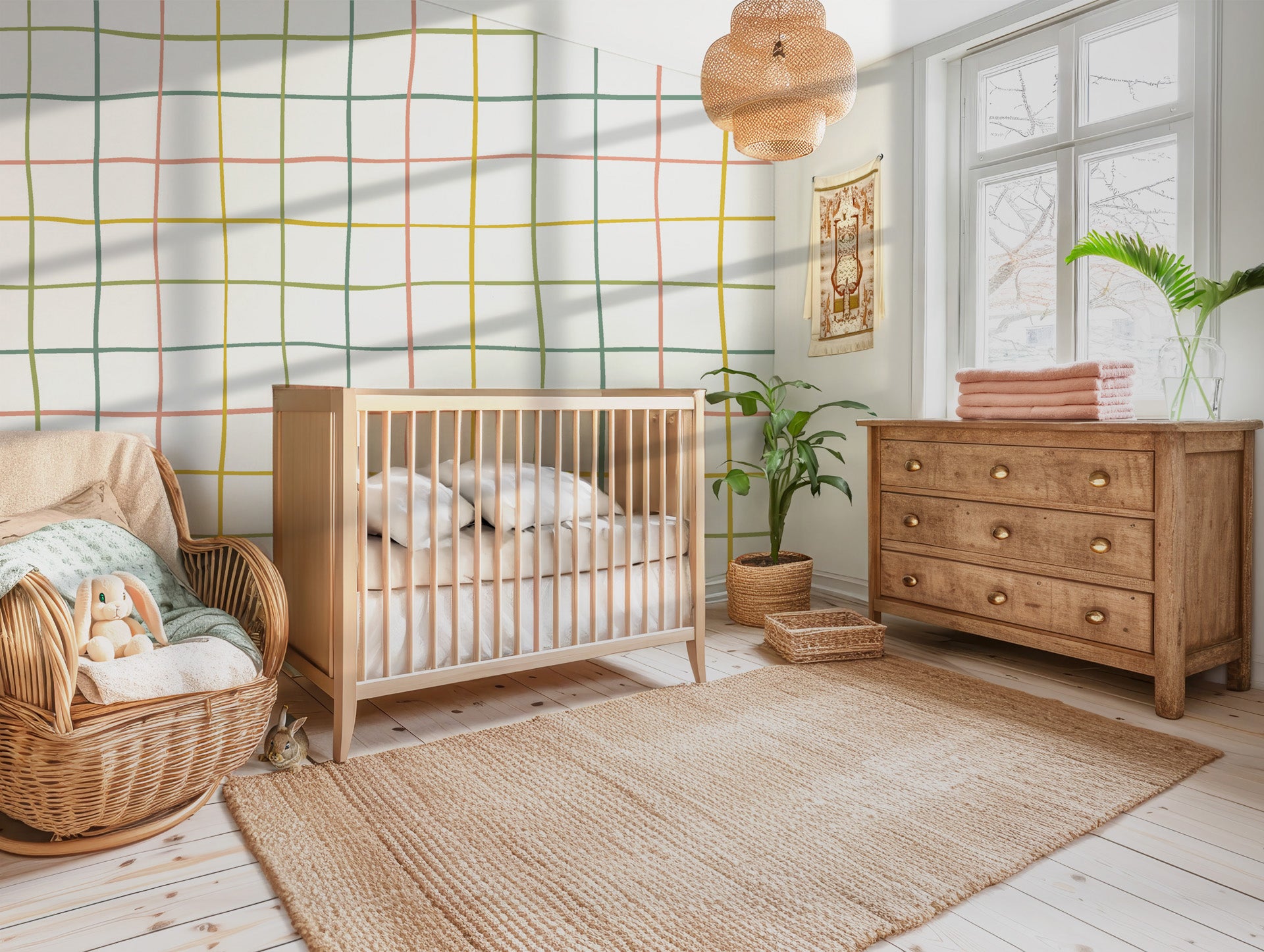 A colorful, hand-sketched, uneven grid design on a simple white wall covering.