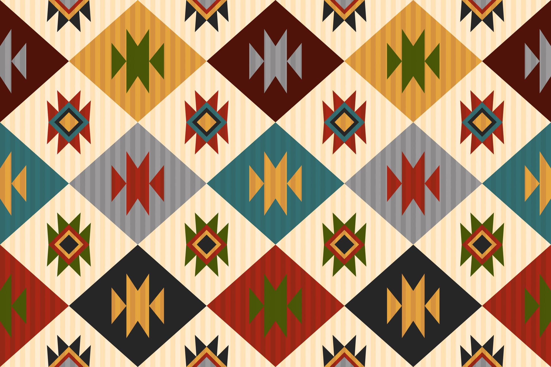 Southwestern geometric wallpaper with repeating diamond motifs in warm earth tones including rust red, mustard yellow, sage green, teal, charcoal, and ivory.