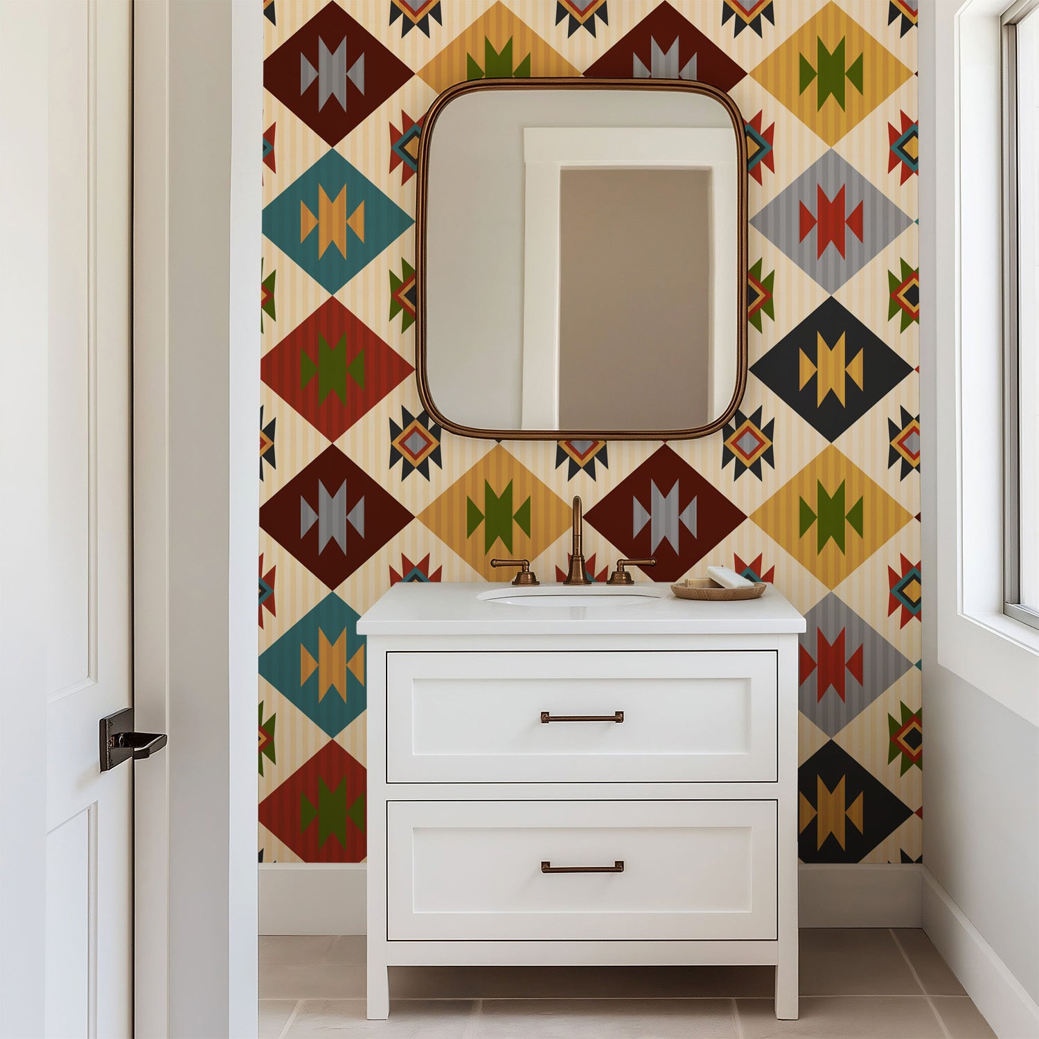 Southwestern geometric wallpaper with repeating diamond motifs in warm earth tones including rust red, mustard yellow, sage green, teal, charcoal, and ivory.