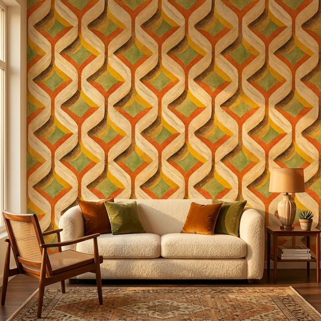 Woven Sway retro orange and green chevron wallpaper creating ambiance in a serene bathroom