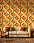 Woven Sway retro orange and green chevron wallpaper creating ambiance in a serene bathroom