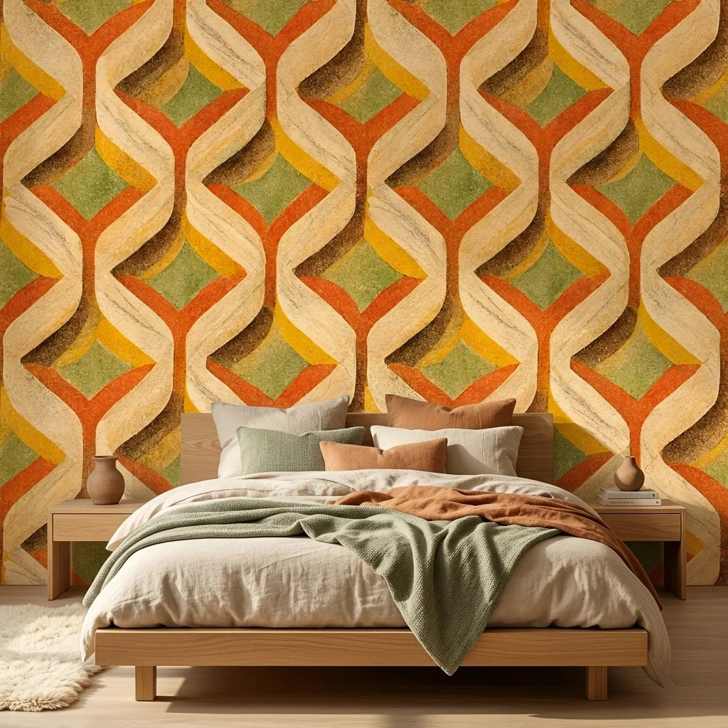 Woven Sway retro orange and green chevron wallpaper in a warm and inviting living room
